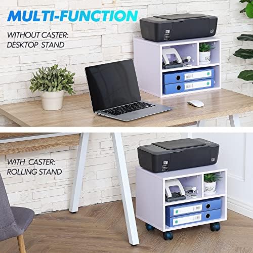 FITUEYES Printer Stand Under Desk, Small Wood Mobile Printer Table, White - Image 3