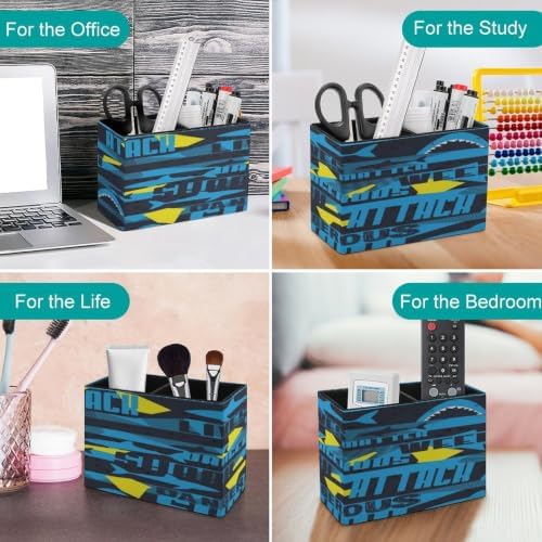 PU Leather Multi-Compartment Pen Holder Desktop Organizer Pencil Cup Storage Caddy for Office Home Supplies Abstract Seamless Pattern with Sharks - Image 4
