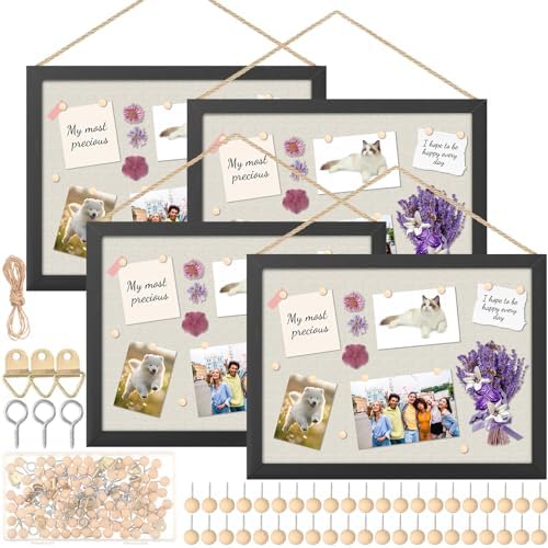 Teling 4 Pack Wood Bulletin Boards with Linen 12''x 16'' Cork Board for Walls with 40 Pushpin Decorative Wood Framed Display for School Office Home Decor (Black) by Teling