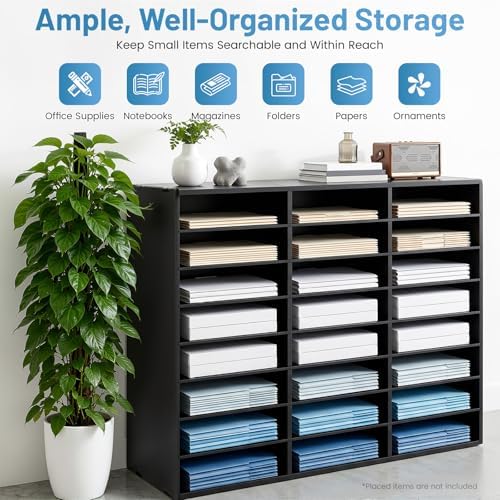 Literature Organizer with 24 Compartments | Adjustable Desktop File Sorter Mail Center for Home, Office & Classroom | PVC Paper Storage Cabinet with Shelves (Black, 24 Compartments) - Image 3