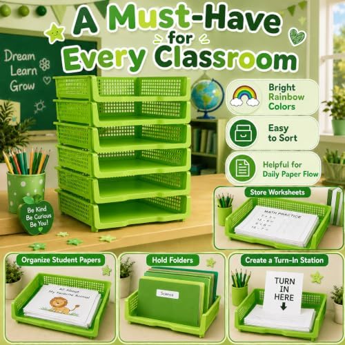 6 Pcs Green Turn in Trays Classroom, Stackable Paper Bins for Classroom, 13x9x2.8 inch Plastic Baskets Desktop Organization System Office (Green) - Image 5