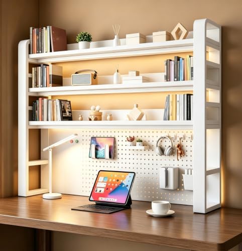 Desk Shelf Organizer with Pegboard & Storage Accessories, 2-Tier Desk Hutch Desktop Storage Rack, Desk Shelf for Office and Home Office White Frame/White Board (4-Tier) 21.7"×9.8"×48.5" by Unknown