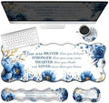 Blue Floral Desk Mat Set for Women,Flower Mouse Pad with Wrist Rest by YICKLMNP
