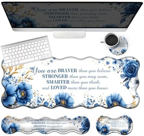 Blue Floral Desk Mat Set for Women,Flower Mouse Pad with Wrist Rest by YICKLMNP