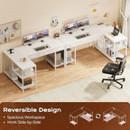 PRAISUN 55 Inch L Shaped Office Desk with Power Outlets and Type-C Port, Large Computer Gaming Desk with 3 Fabric Drawers, Mesh Shelves, Corner Study Work Writing Desk, White - Image 4
