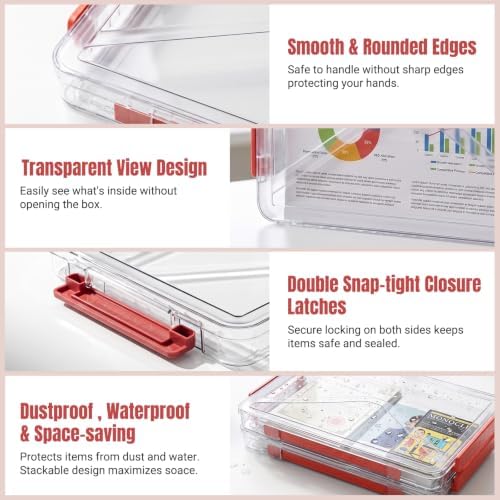 Clear Document Box, Portable A4 Paper Storage Organizer with Snap Latches, Stackable File Case for Certificates Photos Letter Size, Magazine Protector, 14.37" x 9.44" x 1.37" (2 Pack), Red - Image 3