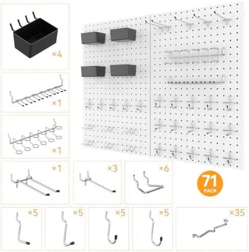 Peg Board, 4 Pack Metal Pegboard with Hooks, 71pcs Pegboard Kit, White Pegboard Wall Organizer, Heavy Duty Peg Boards for Walls Home, Garage Tool Storage, Workbench, Craft Room - Image 5