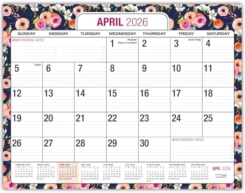 Desk PAD: 22" x 17" Large Print Desk Pad Calendar, APR 2026 - DEC 2027, 21 Months, (Small Navy Floral) by ExcelloGlobalProducts