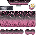 Keyboard Wrist Rest and Mouse Pad with Wrist Support Set Ergonomic Coaster,Memory Foam,Easy Typing Pain Relief,Large XL Desk Mat 31.5"x 11.8",Glitter Hearts and Paw Prints by CICPLKSE