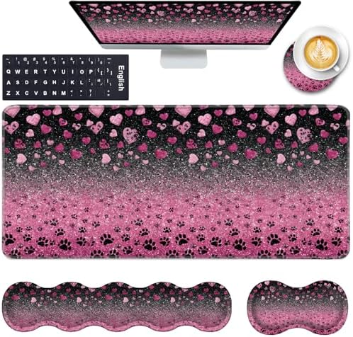 Keyboard Wrist Rest and Mouse Pad with Wrist Support Set Ergonomic Coaster,Memory Foam,Easy Typing Pain Relief,Large XL Desk Mat 31.5"x 11.8",Glitter Hearts and Paw Prints by CICPLKSE