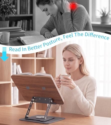 Aoviho Book Stand for Reading, 360° Rotating Book Holder with Page Clip - Image 6