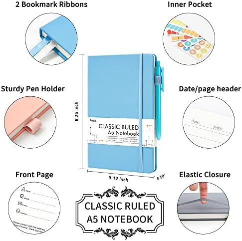 feela 5 Pack Notebooks Journals Bulk, Hardcover Classic Ruled Lined Journals with Pen Holder for Women Girls School Business Supplies, with 5 Black Pens, 120 GSM, 5.1”x8.3”, A5, Mild Colors - Image 2