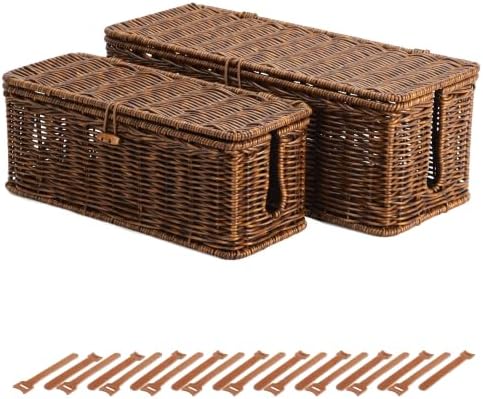 BROWNLILY Cable Management Box, Rattan Style Cord Organizer for Desk Cord Hider Outlet Covers for Power Strip Router Charger Under Desk Storage with Lockable Lid & Cable Ties(Braided Edging,Brown,Set) by BROWNLILY