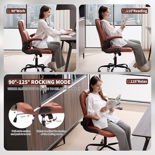 Leather Office Chair Swivel Lumbar Support for Short People Brown - Image 5