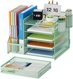 Marbrasse Desk Organizer with File Holder, 5-Tier Paper Letter Tray Organizer with Drawer and 2 Pen Holder, Mesh Desktop Organizer and Storage with Magazine Holder for Office Supplies (Green) - Image 2