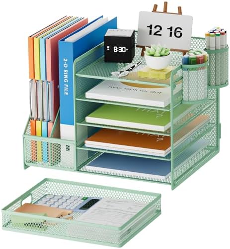 Marbrasse Desk Organizer with File Holder, 5-Tier Paper Letter Tray Organizer with Drawer and 2 Pen Holder, Mesh Desktop Organizer and Storage with Magazine Holder for Office Supplies (Green) - Image 2
