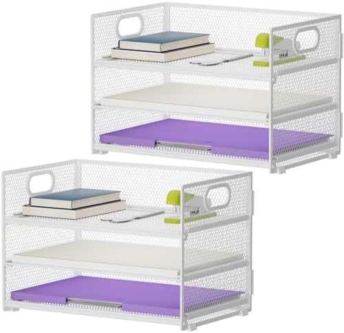 Marbrasse 3 Tier Paper Organizer Letter Tray, Mesh File Organizer with Handle, Paper Sorter Desk Organizer for Home Office Supplies - 2p White by Marbrasse