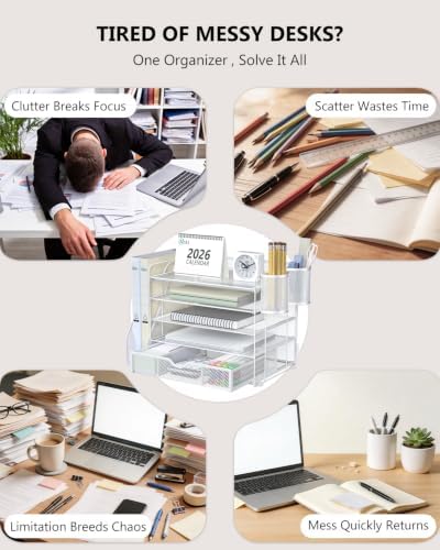 WALI Desk File Organizer, 5 Tier Desktop Paper Letter Tray Organizer with Drawer and 2 Pen Holders, Office Desk Accessories & Workspace Organizers for Office, Home Supplies(DO006DH-W), 1 Pack, White - Image 2