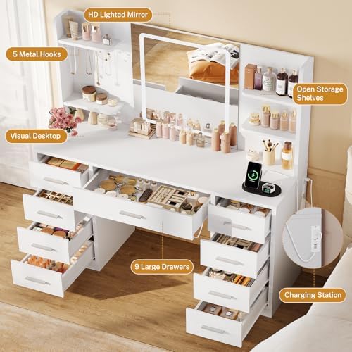 FIONESO Vanity Desk with Mirror and Lights, Makeup Vanity with 9 Drawers & Power Outlet, 5 Hooks & 6 Open Shelves, 3 Lighting Colors & Adjustable Brightness, White Vanity for Girls - Image 2