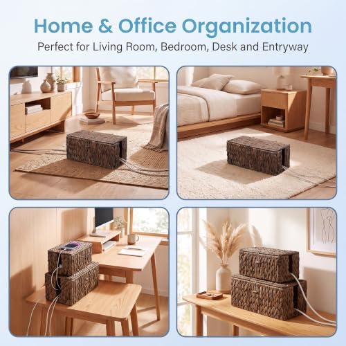 efluky 2 Pack Water Hyacinth Floor Cord Covers with Lid, Hand-Woven Cable Management Box, 2 Open Slots Cord Box to to Hide USB Wire, Power Strip & Charger for Home & Office and Dorm, Brown - Image 7