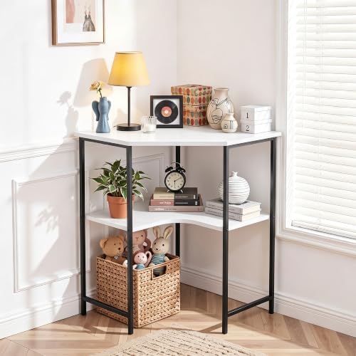 VECELO Small Corner Desk, Triangle Computer Desk with Storage Shelves for Small Spaces, 33 x 30 inches Corner Makeup Table for Home Office Bedroom, White - Image 2