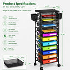 Ekisemio 11-Tier Rolling File Cart, Mobile Desk-Side Organizer with Top Shelf and Side Baskets, Wire Storage Rack for Letter Folders, Home Office & School, Black - Image 2