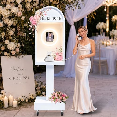 Wedding Telephone Booth Audio Guest Book Photo Booth Stand with 3 Color Ring Light 360° Rotatable Tablet Holder Built-in Type-C Charging Port Lockable Rolling Wheels for Wedding Party Events - Image 6