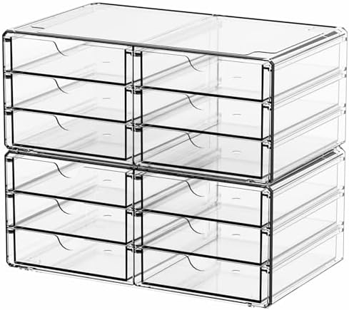 Yieach 2 Pack Acrylic Storage Drawers With 12 Small Drawer,Stackable Office Cabinet Organizer and Makeup Organizer,Clear Plastic Drawers for Craft Supply,Pen,Stationary,Accessory,Makeup,Desk Organizer by Yieach