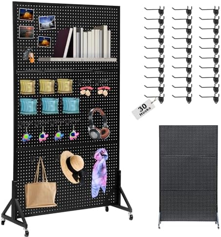 Eastern Tree Metal Pegboard Display Stand 3.5 x 6 Feet with 30 Hooks, Standing Pegboard Display with Wheels, Peg board Display Rack, Large Pegboard Panels - Black by EasternTree