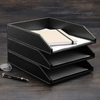 Gallaway Leather Letter Tray Organizer - PU Leather Desk Tray, Perfect for Office Organization, Document Holder Fits A4 Paper, Stackable Drawers for Extra Storage (Black) - Image 2