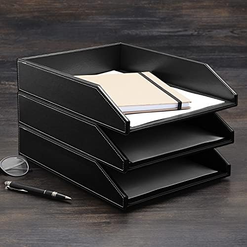 Gallaway Leather Letter Tray Organizer - PU Leather Desk Tray, Perfect for Office Organization, Document Holder Fits A4 Paper, Stackable Drawers for Extra Storage (Black) - Image 2