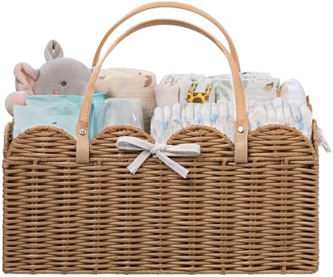 HBlife Baby Diaper Caddy Organizer, Portable Scalloped Plastic Wicker Woven Basket with Divider, Nursery Diaper Station, Baby Shower Gifts Basket, Car Organizer, Washable Waterproof by HBlife