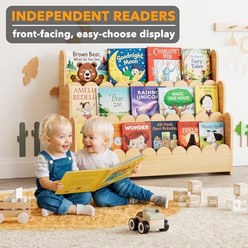 SpaceAid 3-Tier Scalloped Bookshelf, Montessori Bookcase for Toddlers, Wooden Book Shelf Organizer Display Furniture for Kids Rooms, Playroom, Nursery and Classroom, 36.7“ Wide, Natural - Image 3
