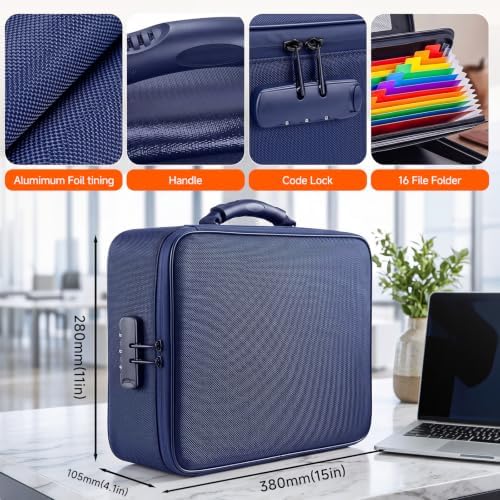 Fireproof Document Box With Lock, 16-Pocket File Organizer, Blue - Image 3