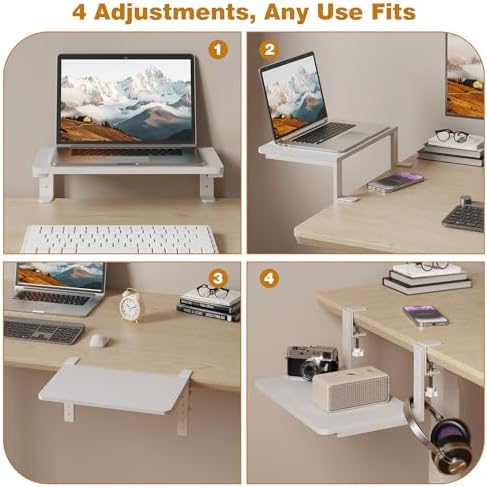 Desk Extender, 15-inch Clamp-On Desk Shelf, Height-Adjustable Desktop Shelf Organizer for Monitors Office and Gaming Accessories, Arm Support Table Extension, 44lbs Heavy Duty, White - Image 7