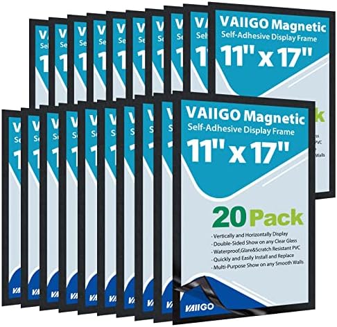 11"x 17" Self Adhesive Sign Holder, Double Sided Window Display Frame with Clear PVC and Strong Magnetic for Office/Home/Store/Door/Glass/Wall (Black, 20Pack) by VAIIGO