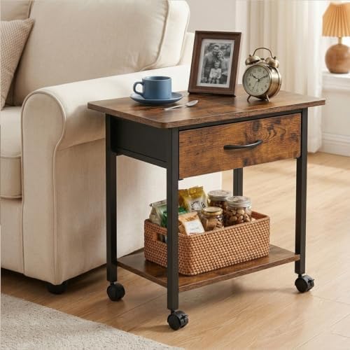 22" x 15" Under Desk Rolling Printer Stand, 2-Tier Industrial Mobile Printer Table with Strong Fabric Drawer,Storage Shelf, Steel Frame and Lockable Wheels, Printer Cart for Home Office (Rustic Brown) - Image 7