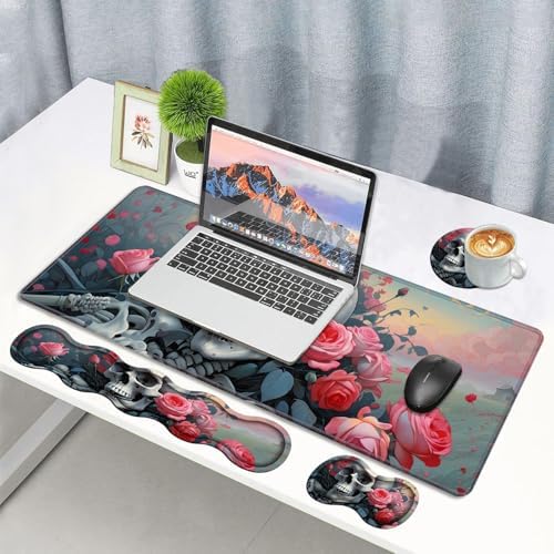 4 in 1 Ergonomic Memory Foam Mouse Pad Wrist Rest Set, Large XXL Gaming Desk Pad + Keyboard Wrist Rest + Mouse Wrist Cushion + Coaster for Home Office Study Gaming, Skull Roses - Image 7