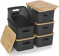 Plastic Storage Bins with Bamboo Lids, Stackable Small Box Baskets for Organizing and Containers for Shelves Drawers Desktop Closet Pantry Classroom Office Home, 6 Pack 10.2x7.2x4.1 Inch, Black by ZFTMRR