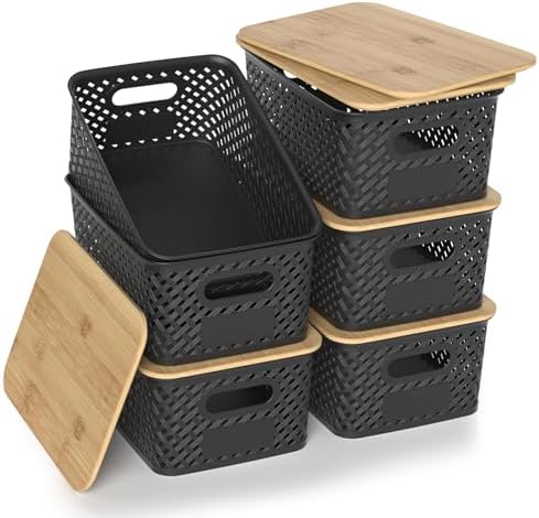 Plastic Storage Bins with Bamboo Lids, Stackable Small Box Baskets for Organizing and Containers for Shelves Drawers Desktop Closet Pantry Classroom Office Home, 6 Pack 10.2x7.2x4.1 Inch, Black by ZFTMRR