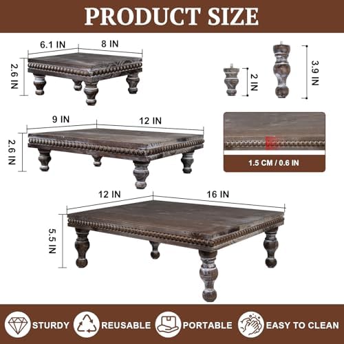 MAONAME Wood Display Risers Set of 3, Vintage Brown Wooden Pedestal Stand - Image 2