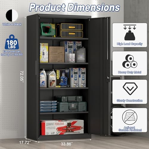 Metal Storage Cabinet with Doors and 4 Shelves, 72x34x18 Garage Storage Cabinets,Tall Black Locking Metal Cabinets with Lock for File, Office, Garage, Home - Image 3