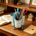 360° Rotating Metal Pen Holder for Desk, Cute Floral Bird Desktop Organizer with Dome Roof, Pencil Cup & Remote Control Holder for Home Office (Blue) - Image 4