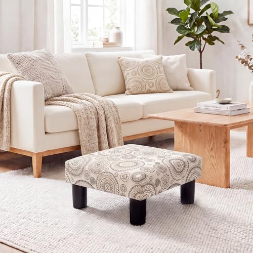 Joveco Small Foot Rest Stool Ottoman, Square Upholstered Fabric Footstool for Couch, Under Desk, Office, Living Room, Printing Beige - Image 4