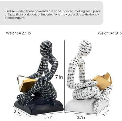 BANOMII Heavy Duty Book Ends for Shelves, Thinker Decorative Bookends for Heavy Books, Unique Book Stoppers to Hold Book, Bookshelf Accessories, Modern Home Office Decor Aesthetic Black & White - Image 4