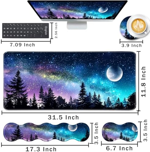 Keyboard Wrist Rest and Mouse Pad with Wrist Support Set Ergonomic Coaster,Memory Foam,Easy Typing Pain Relief,Large XL Desk Mat 31.5"x 11.8",Forest Moon - Image 2