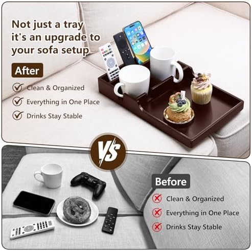 Sofa Insert Tray for Middle Seat,Bamboo Couch Table with 2 Cup Holders,Fits Armless Sofa & Sectionals,Fold-Flat Tray for Drinks,Snacks & Remotes,Brown - Image 5