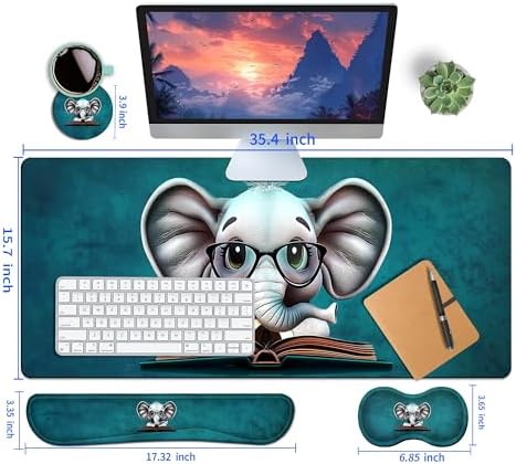 4-Piece Extended Large Mouse Pad Set for Women Men with Elephant Design Includes 35.4 x 15.7 XXL Large Mouse Pad Keyboard Wrist Rest Mouse Wrist Support and Coaster for Office Home - Image 5