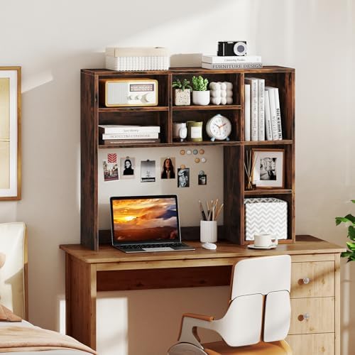 Desk Hutch, Desktop Organizer with 7 Cubes & 3 Adjustable Shelves, 3 Tier Wooden Display Rack, 37” Counter Top Bookshelf for Dorm, College, Home Office, Hutch Top Only - Image 2