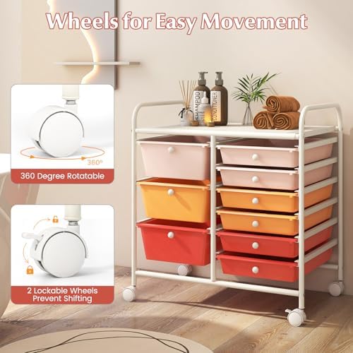 LDAILY 9 Drawer Rolling Storage Cart, Rolling Cart with Drawers for Classroom, Art Supply Craft Organizer on Wheel with Metal Frame & Handles for Home Office School - Image 6